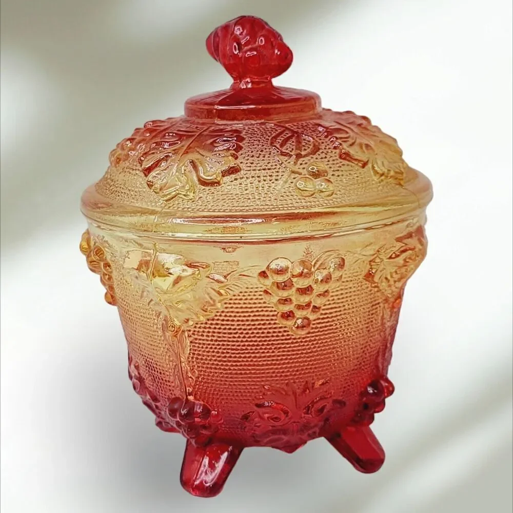VTG Jeannette Harvest Grapes‎ Amber Red Carnival Glass Footed Covered Candy Dish